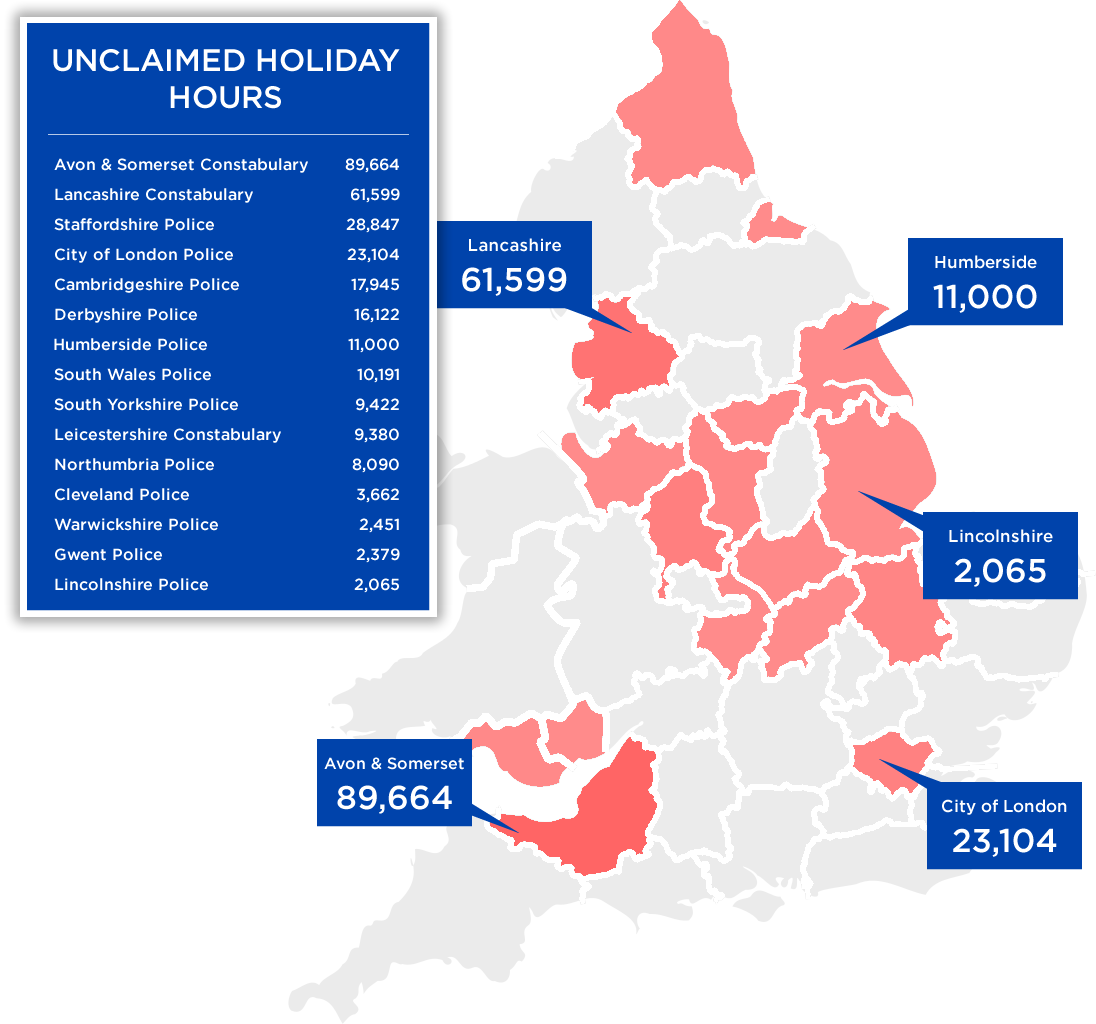 Map showing unclaimed holiday hours amongst UK police forces